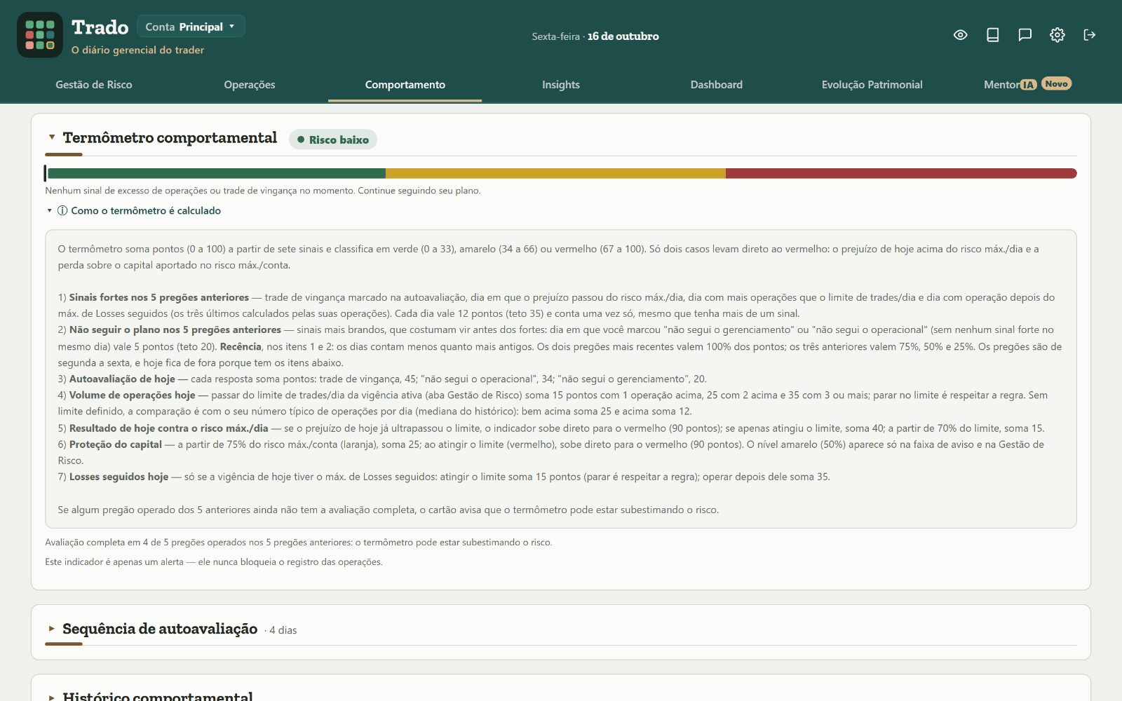 Trado, com o Termômetro comportamental e como ele é calculado, numa conta simulada.