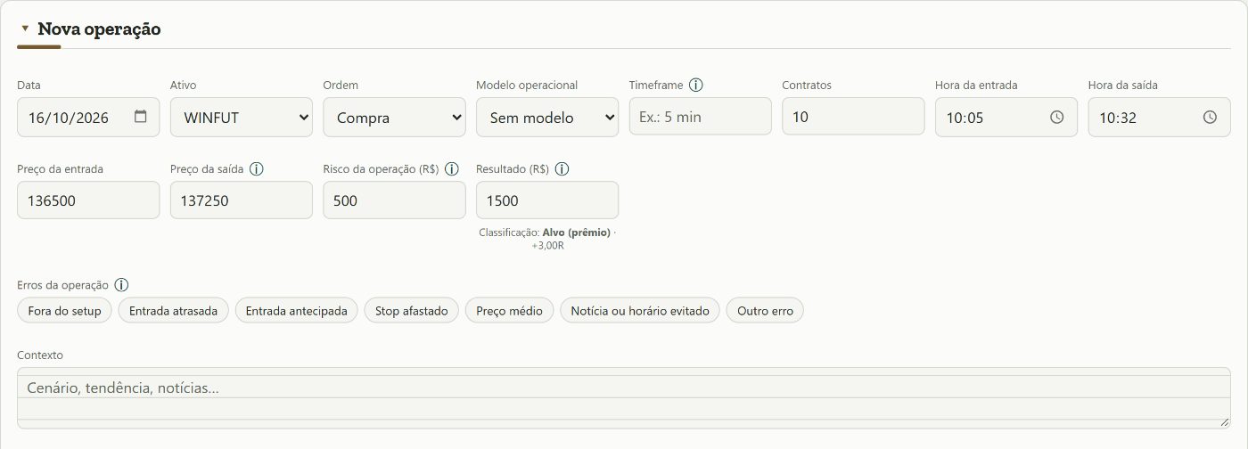 Janela Nova operação do Trado, com data, ativo, ordem, contratos, horários, preços, risco e resultado preenchidos e a classificação da saída calculada pelo app, numa conta simulada.